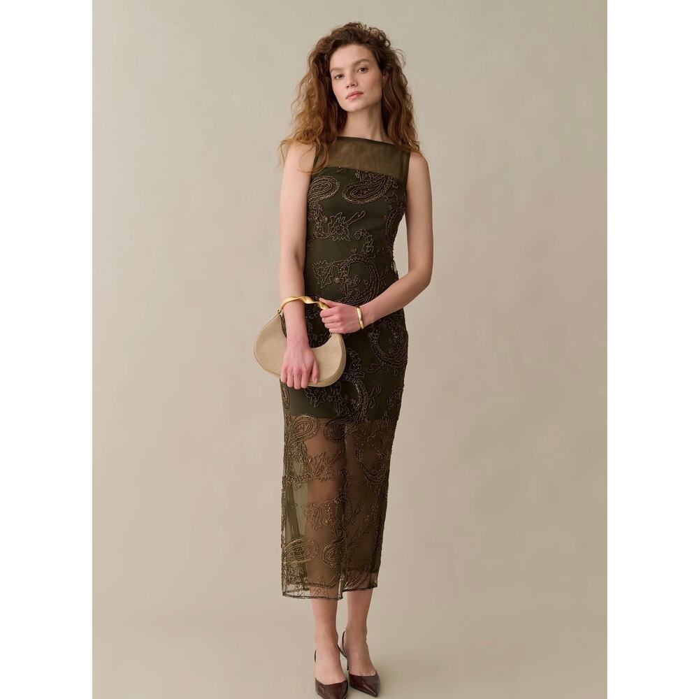 Sorella Atelier Ora beaded dress olive paisley $270 sz 4 - Picture 3 of 8